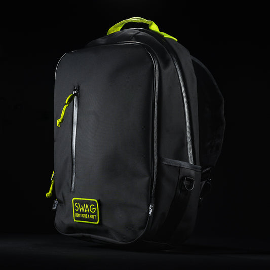 SWAG x DEFY black Bucktown backpack with yellow accents.
