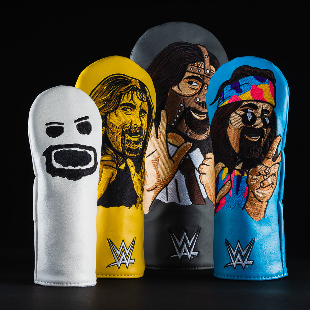 WWE Mick Foley faces wood set of 4 golf club head covers made in the USA.