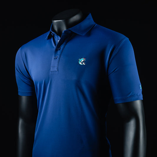 Men's blue short sleeve polo shirt with dolphin detail.