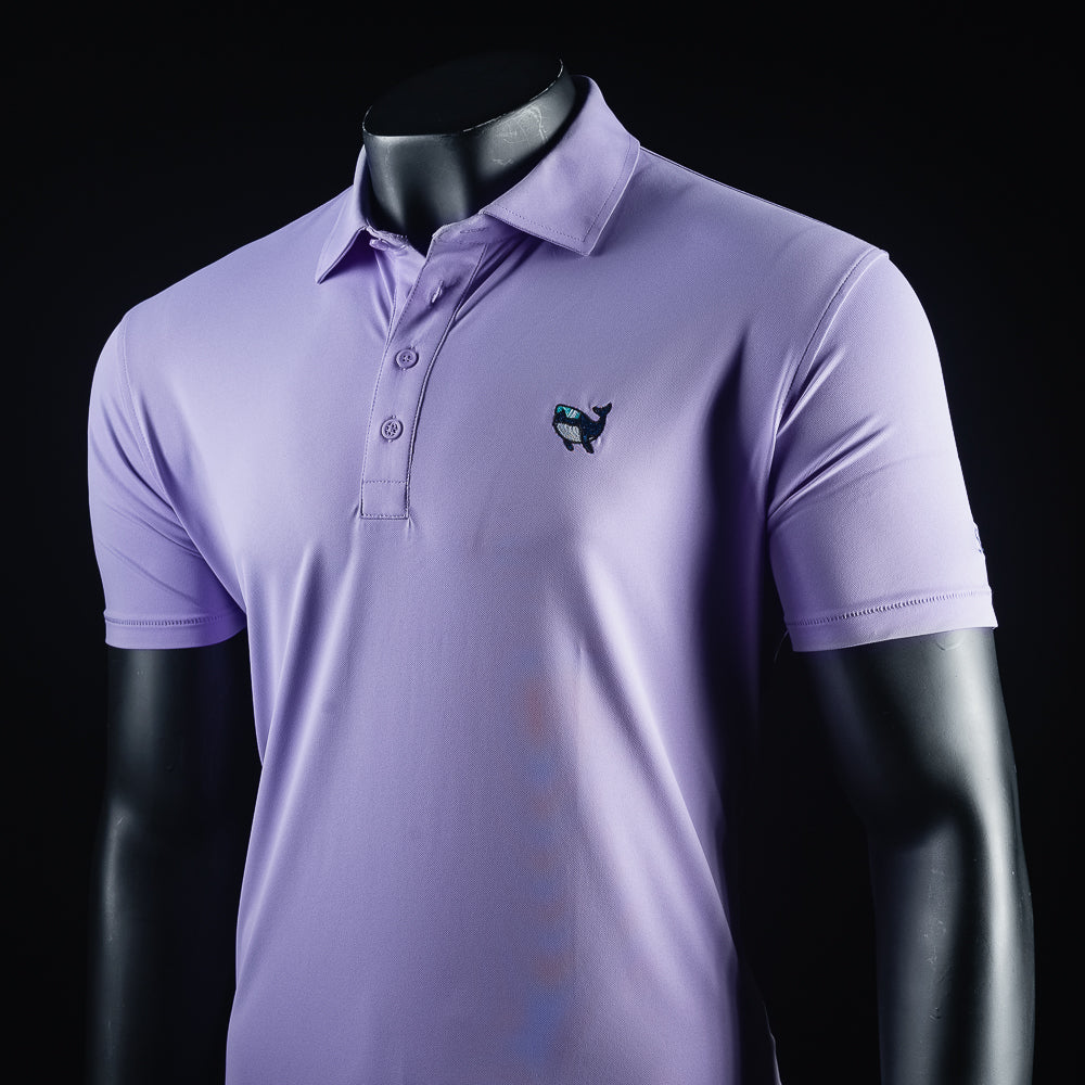 Men's purple short sleeve polo shirt with whale detail.