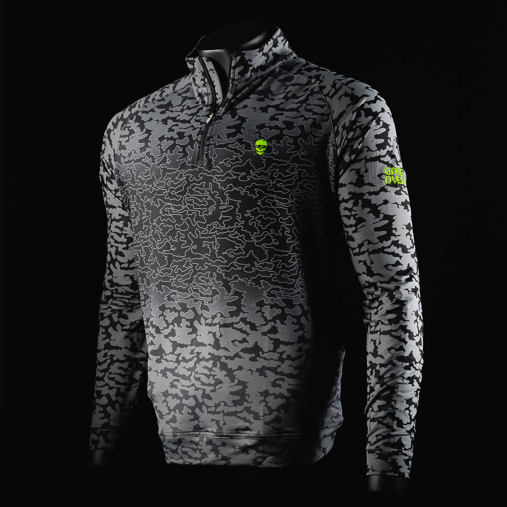 Men's camo pattern black long sleeve pullover quarter zip shirt.