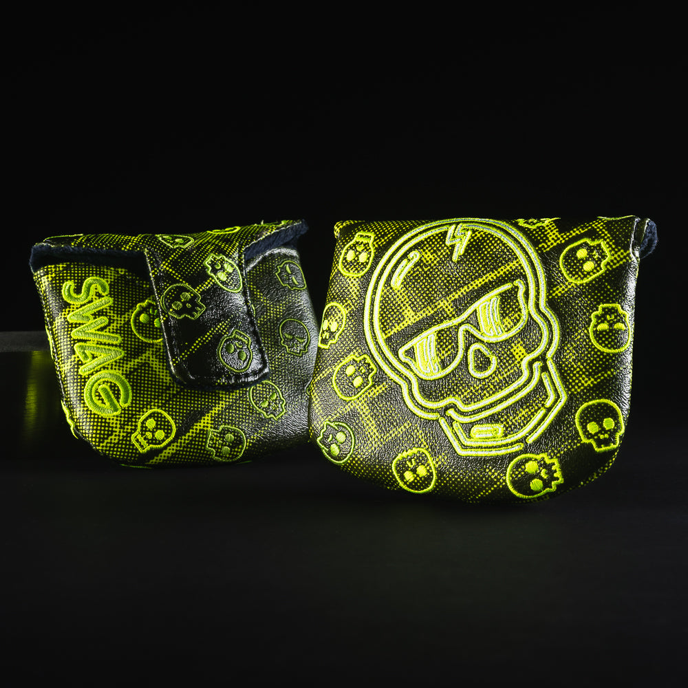 Black and neon green Swag skull mallet golf putter head cover made in the USA.