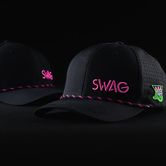 Swag x UNRL black snapback hat with pink rope.