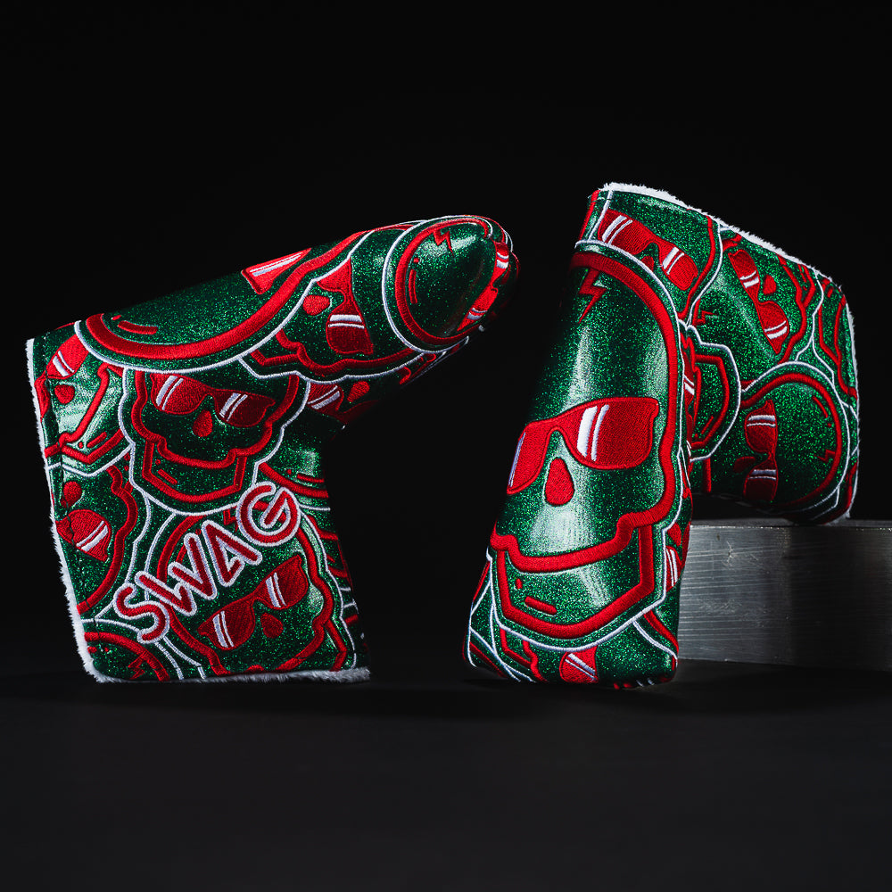 Swagmas green and red sparkle skulls blade putter golf club head cover made in the USA.