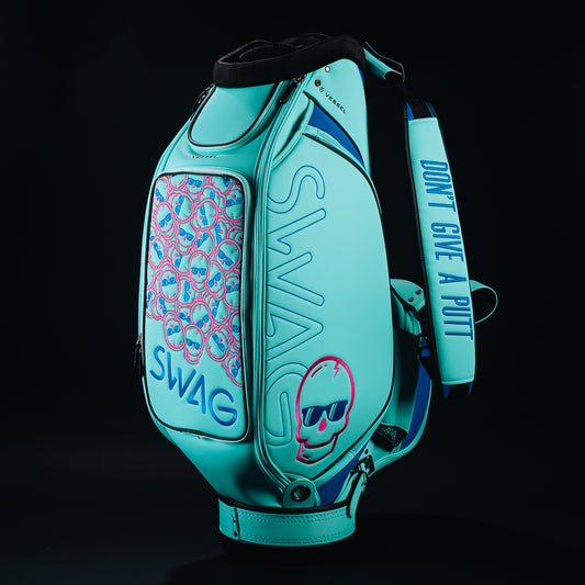 Swag 2022 tour staff golf bag in Chicago blue with pink skulls.