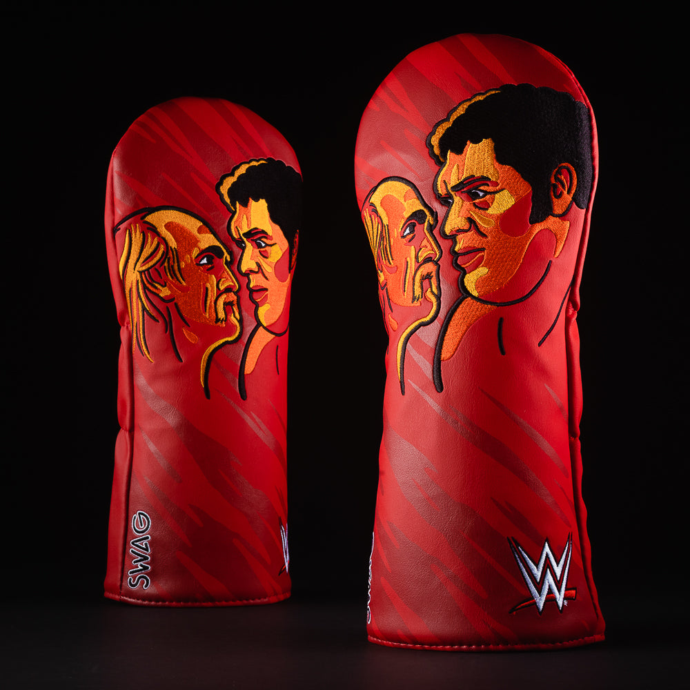 WWE officially licensed Hulk Hogan vs Andre The Giant red driver golf club head cover made in the USA.