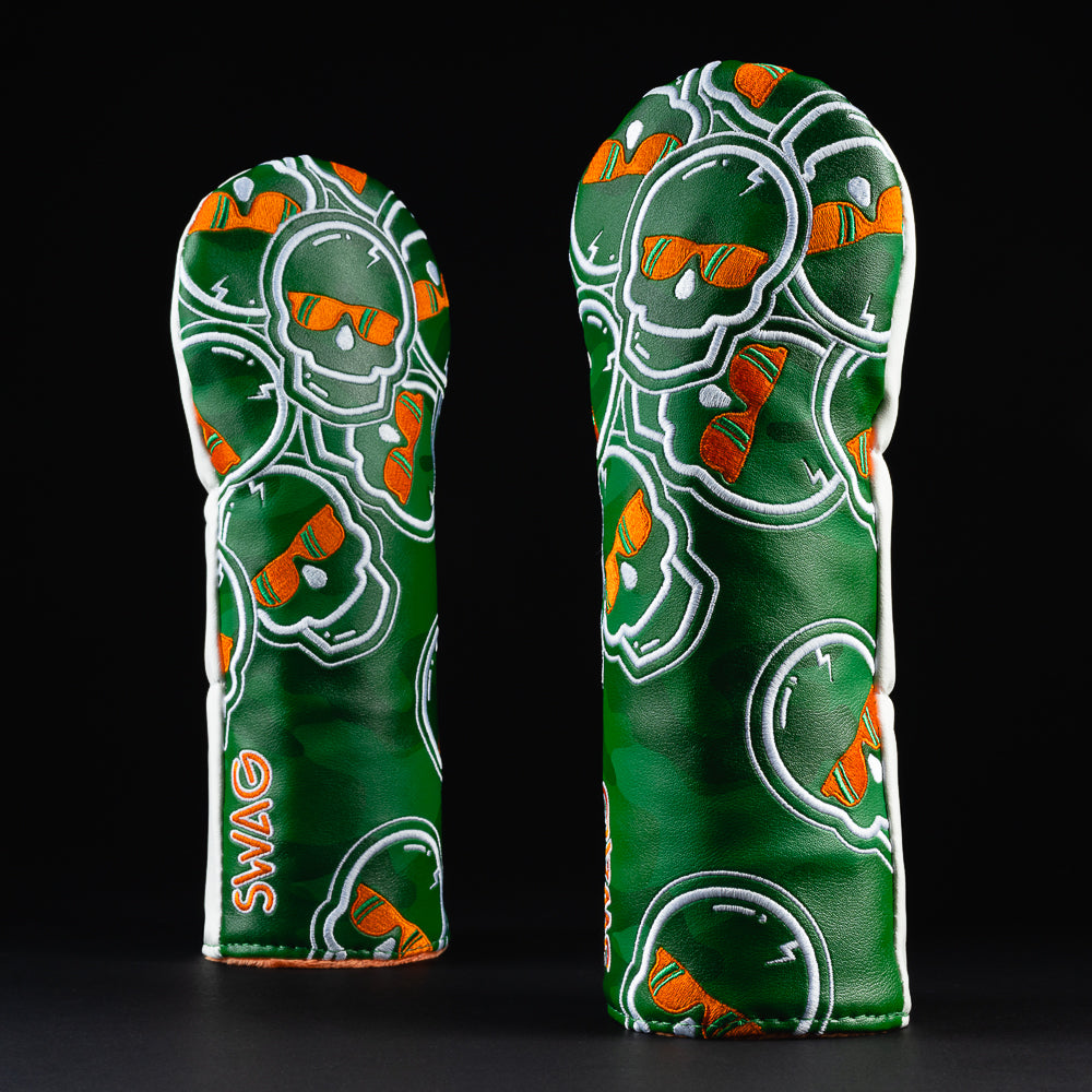 Swag falling skulls green, white and orange hybrid golf club head cover made in the USA.