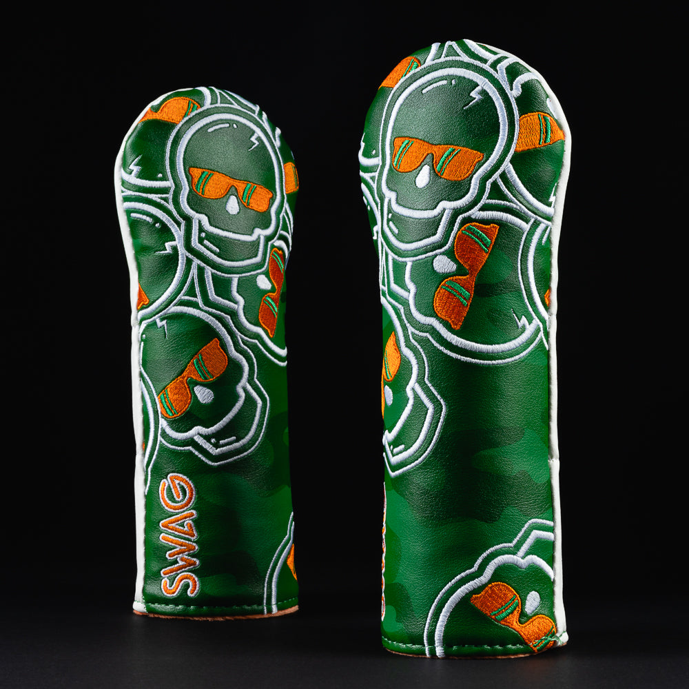 Swag falling skulls green, white and orange fairway golf club head cover made in the USA.