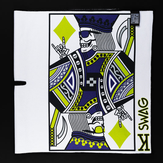 Skeleton King of Swag white, purple, black and green players towel golf accessory.