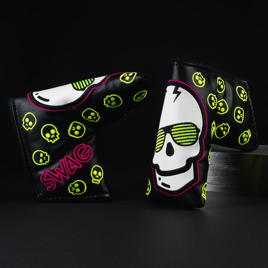 Swag skull black eclipse bolt and pink blade putter golf club head cover made in the USA.
