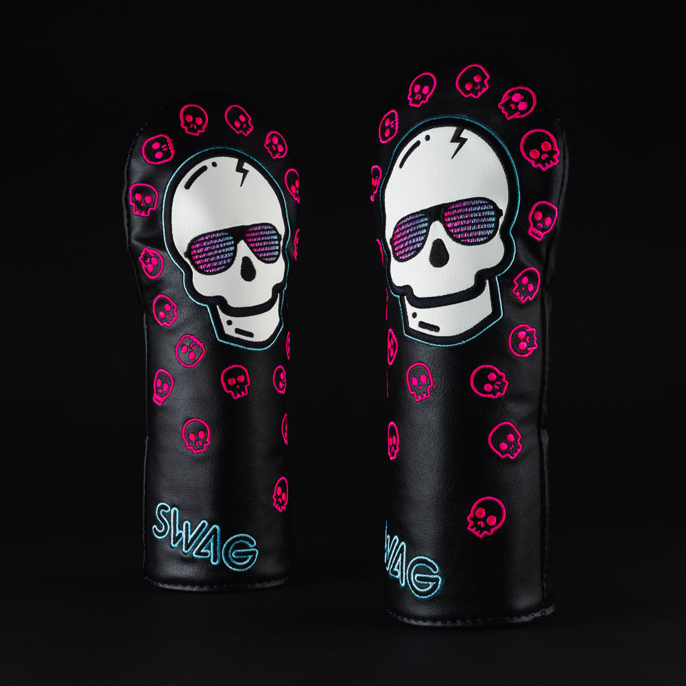 Swag Skull black eclipse pink and teal fairway wood golf club head cover made in the USA.