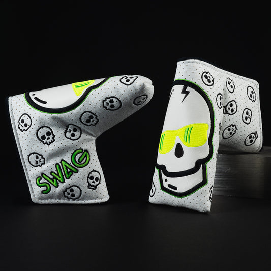 Ecto flare Swag skull white, neon yellow and green blade putter golf club head cover made in the USA.
