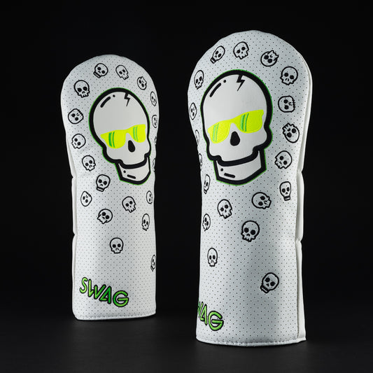 Ecto flare Swag skull white, neon yellow and green driver golf club head cover made in the USA.