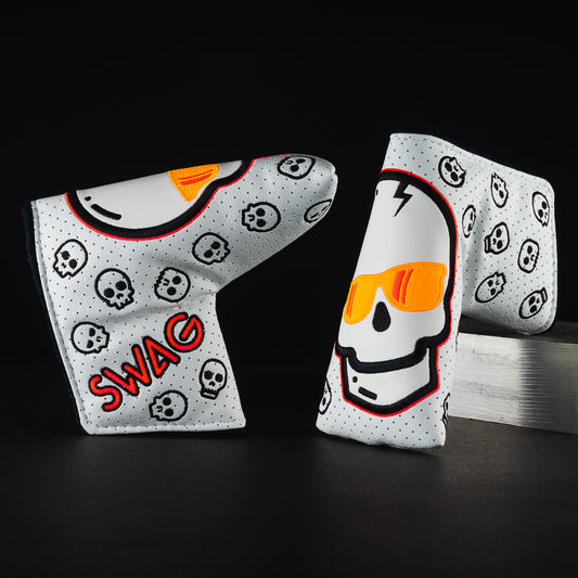 Orange flare Swag skull white, orange and red blade putter golf club head cover made in the USA.