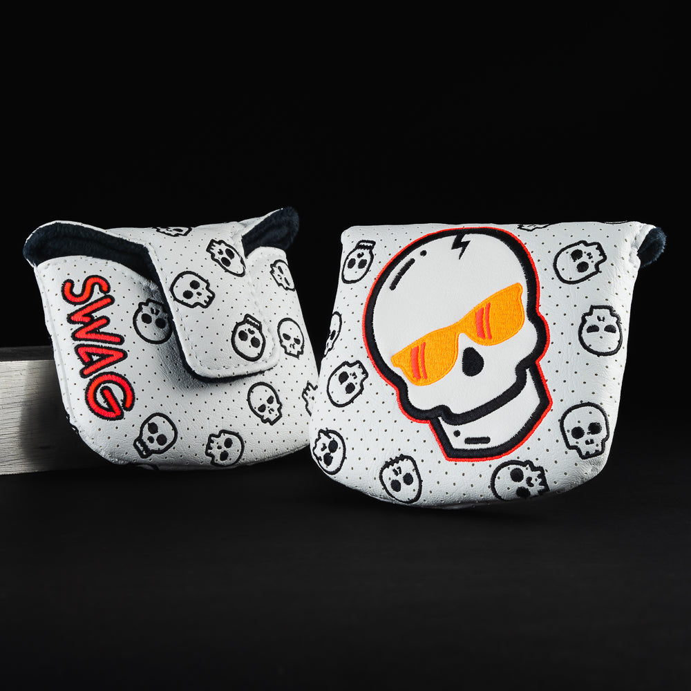 Orange flare Swag skull white, orange and red mallet putter golf club head cover made in the USA.