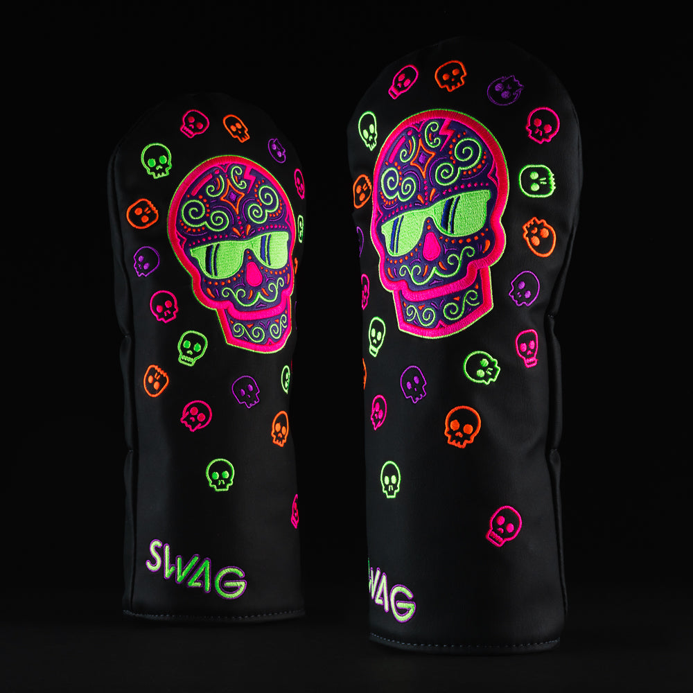 Sugar Swag skull black, pink, green, purple, and orange driver golf club head cover made in the USA.