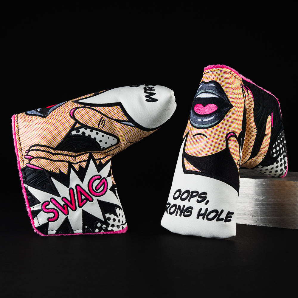 Swagatha oops, wrong hole phrase black, white and pink blade putter golf club head cover made in the USA.