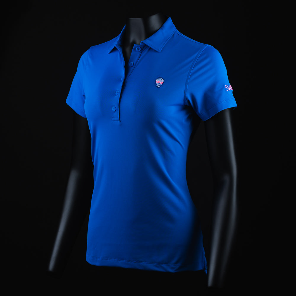 Women's blue short sleeve polo shirt.