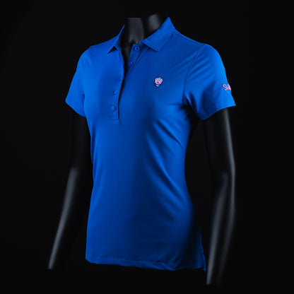 Women's blue short sleeve polo shirt.