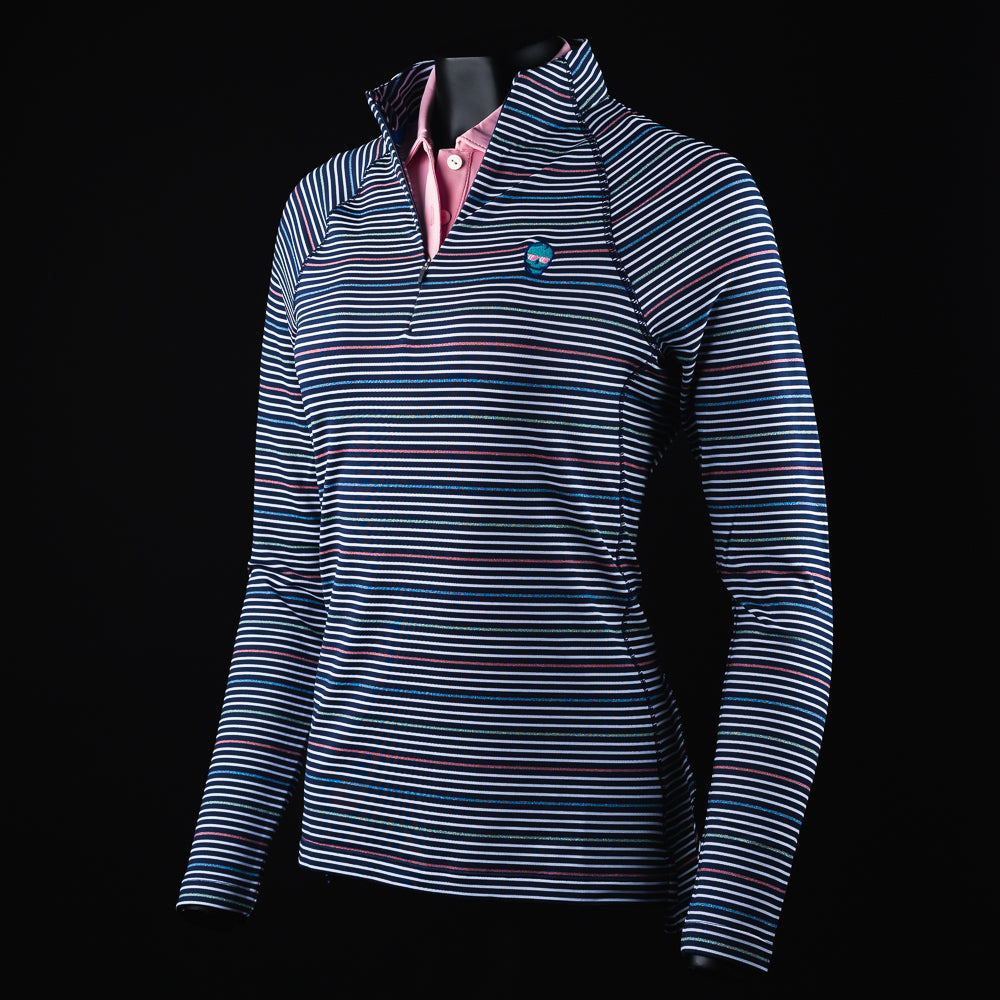 Women's multi-colored striped quarter zip long sleeve pullover.