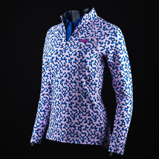 Women's pink and blue patterned quarter zip long sleeve pullover.