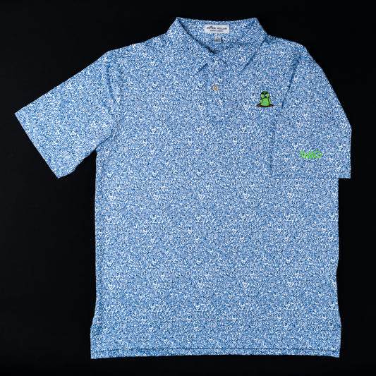 Youth blue short sleeve polo shirt with Caddyshack green gopher detail.