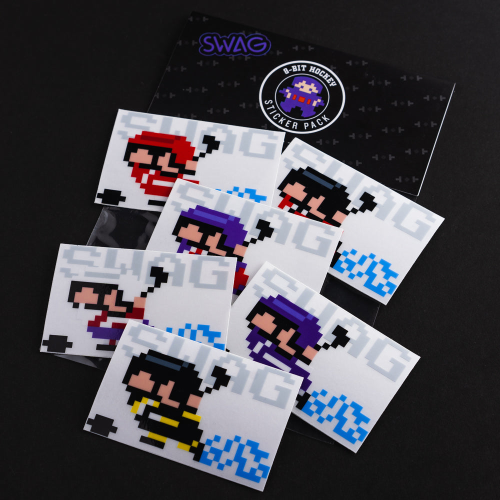 Pack of six transparent 8-bit hockey themed stickers in a Swag branded bag.